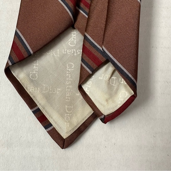 Christian Dior Tie Brown with Tiny Red & Cream Stripes Luxury Wear w/Logo - Picture 3 of 8
